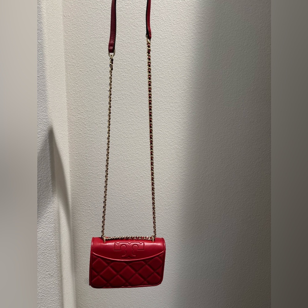 Tory Burch Red Quilted Crossbody Bag with Chain Strap and Card Wallet